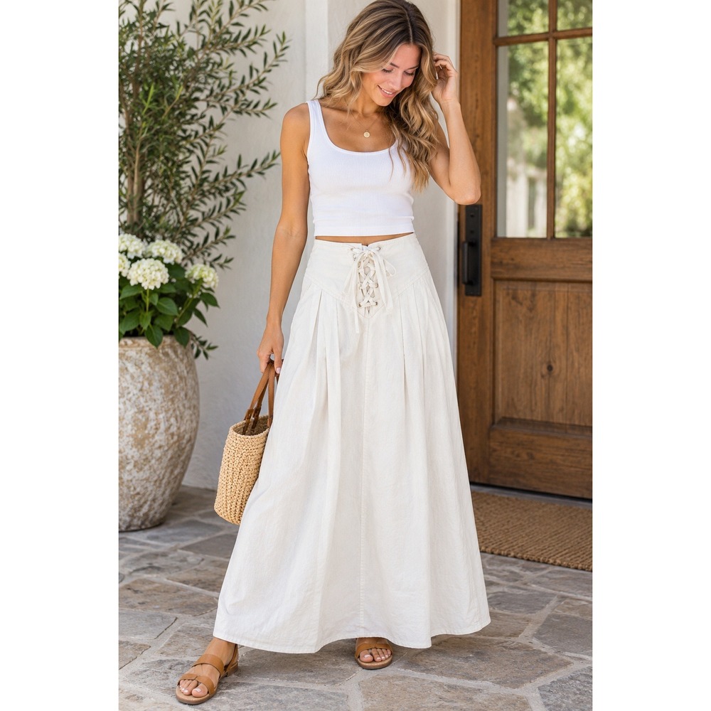 NWT! Alice Blue Women's White Lace Up Front Wide Leg Maxi Skirt Size S